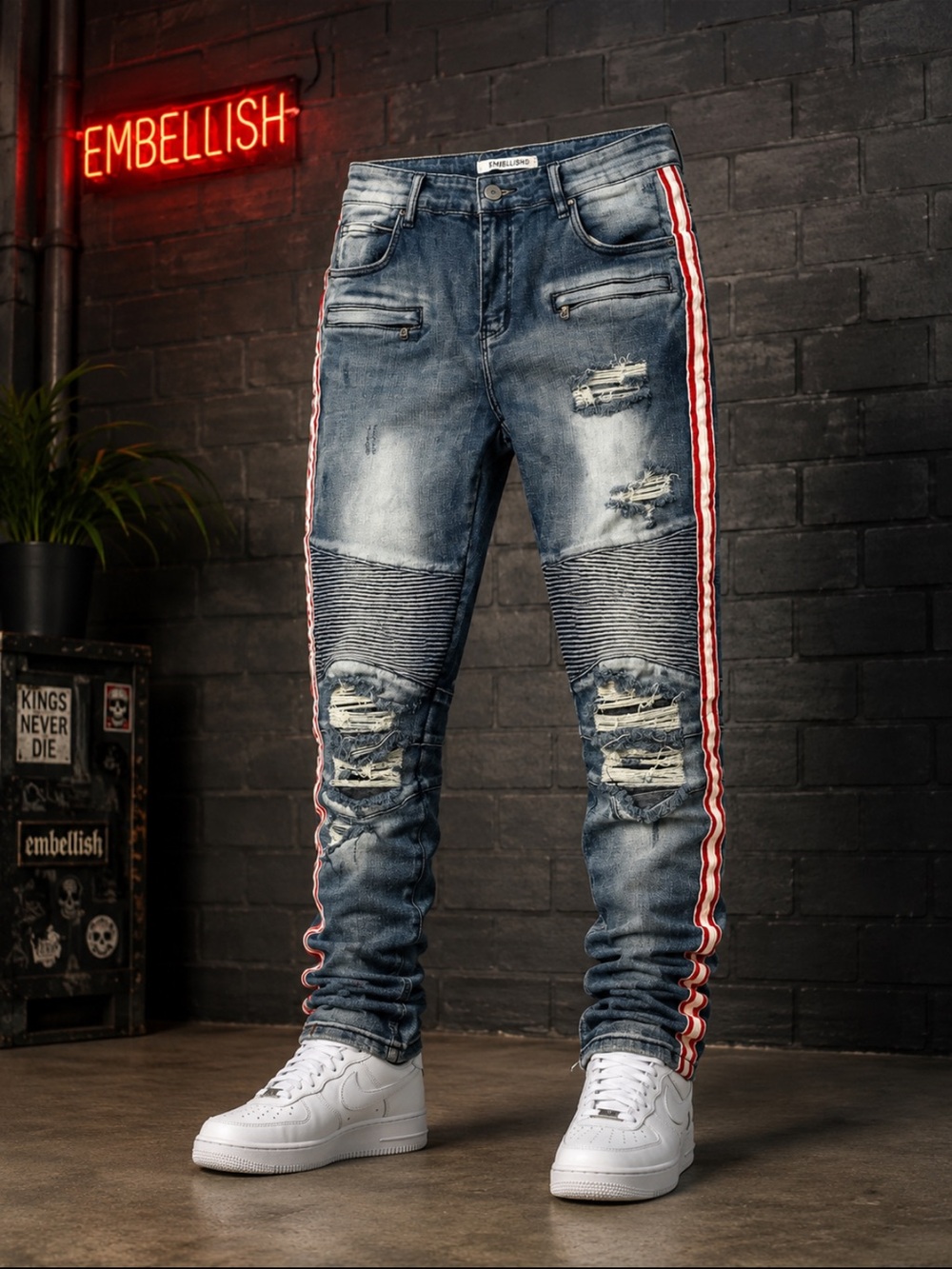 Embellish Men's Skinny Distressed Jeans with Red Stripe